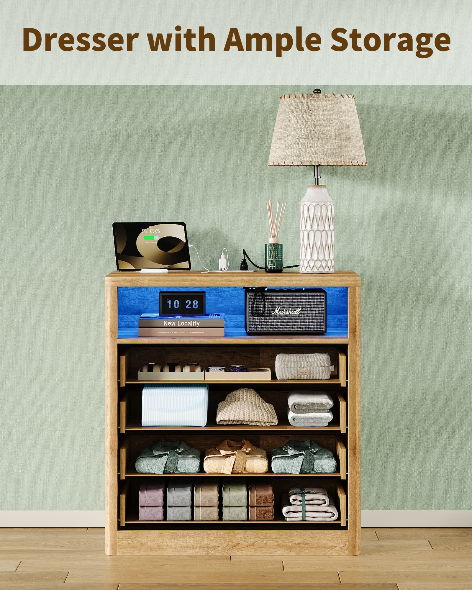 Vektaya US-NS009-NR Fluted Nightstand with LED & Charging Station, 4-Drawer Bedroom Storage, Oak Yanosaku Sotre