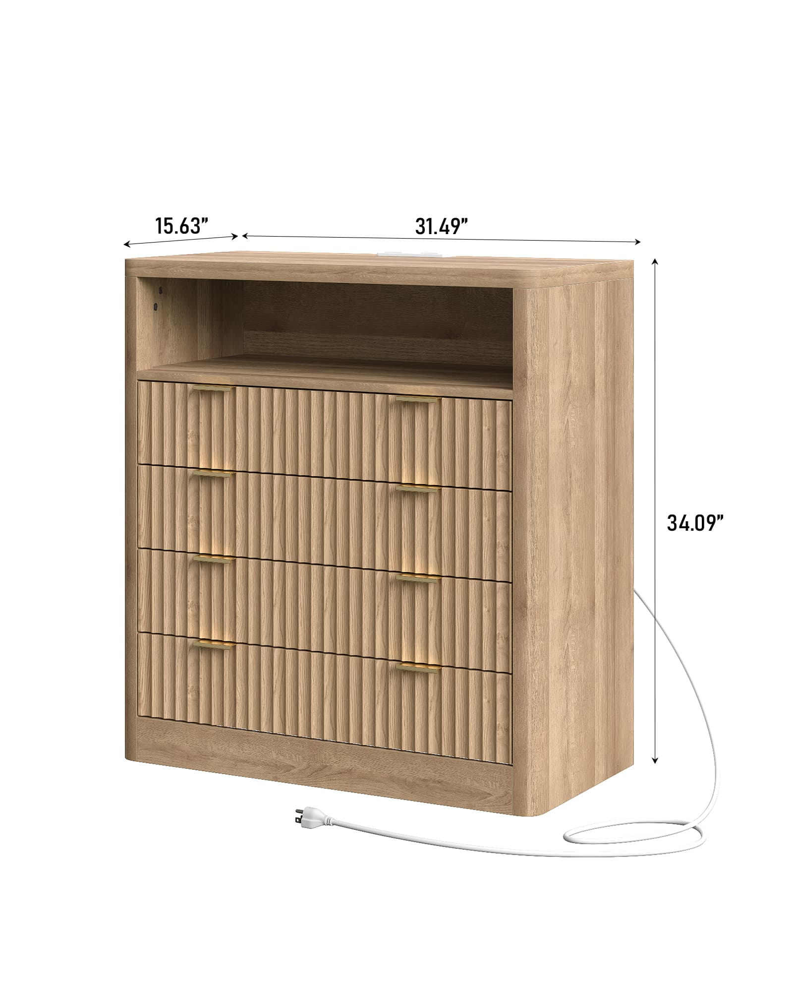 Vektaya US-NS009-NR Fluted Nightstand with LED & Charging Station, 4-Drawer Bedroom Storage, Oak Yanosaku Sotre