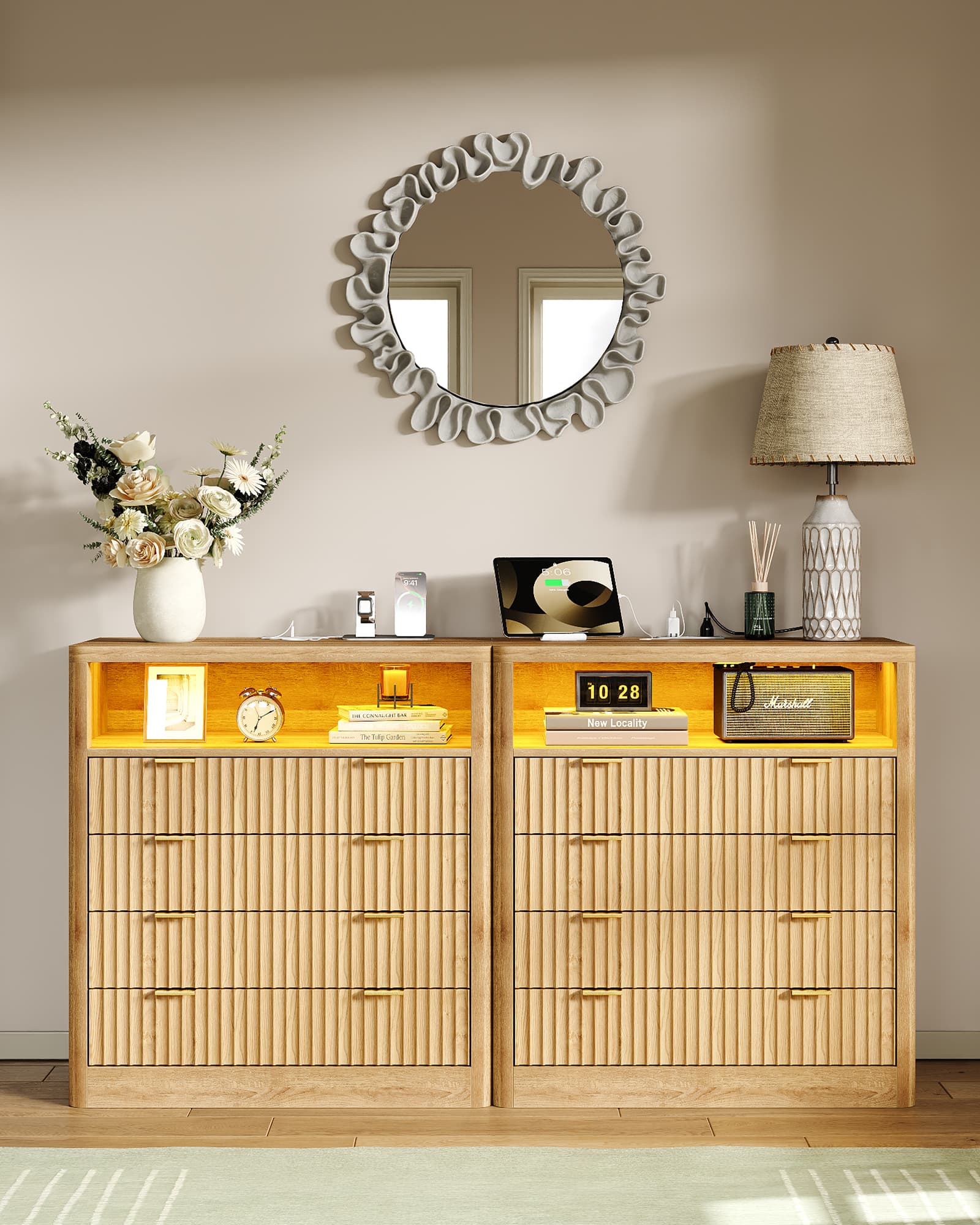 Vektaya US-NS009-NR Fluted Nightstand with LED & Charging Station, 4-Drawer Bedroom Storage, Oak Yanosaku Sotre