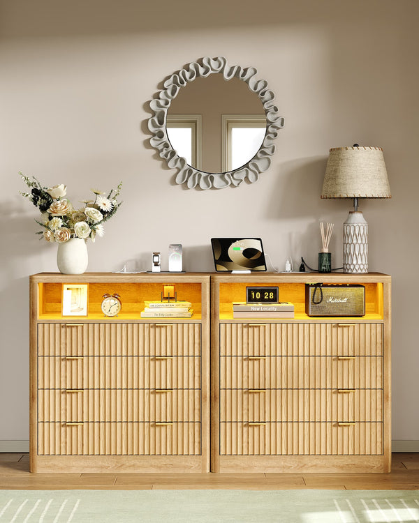 Vektaya US-NS009-NR Fluted Nightstand with LED & Charging Station, 4-Drawer Bedroom Storage, Oak Yanosaku Sotre