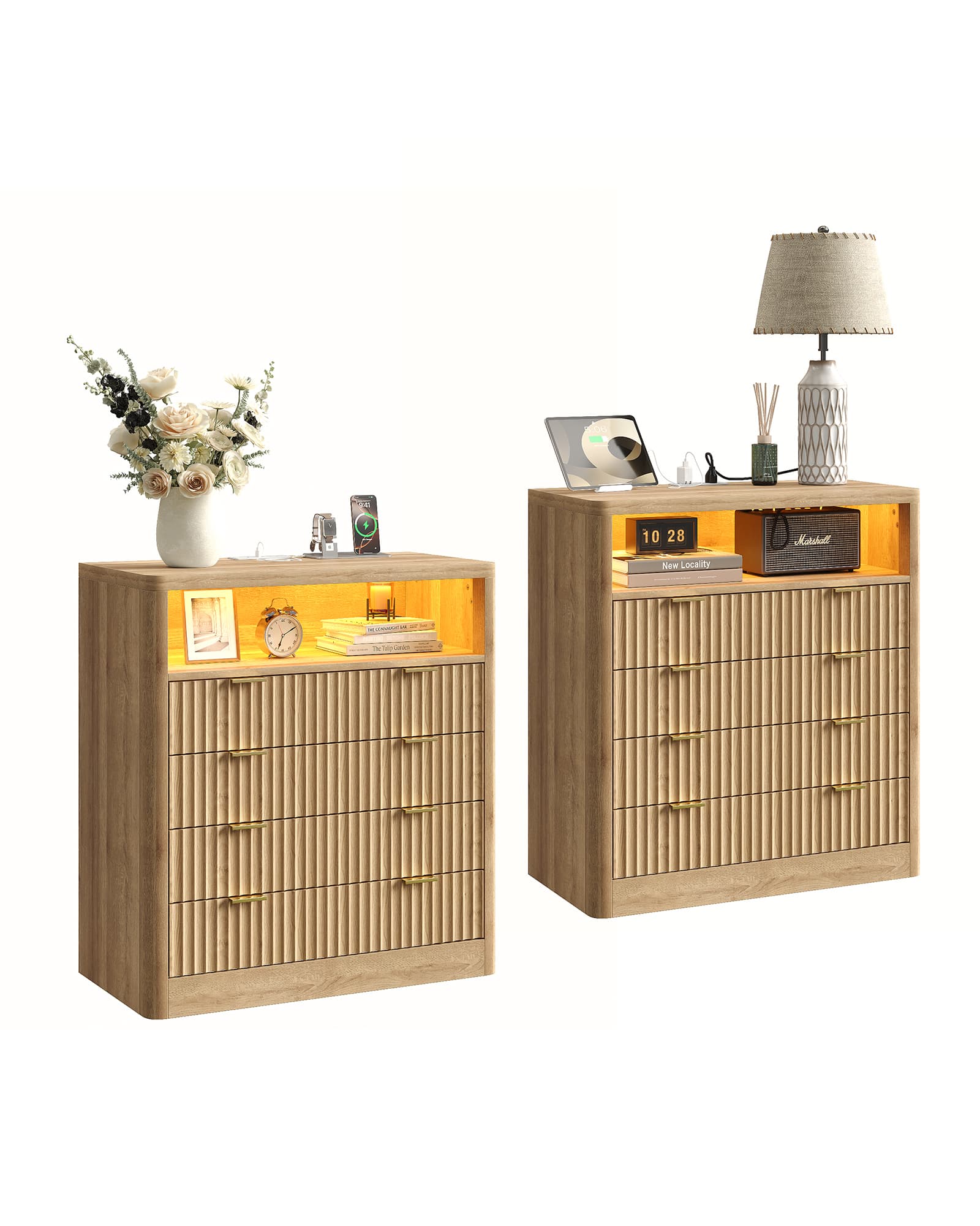 Vektaya US-NS009-NR Fluted Nightstand with LED & Charging Station, 4-Drawer Bedroom Storage, Oak Yanosaku Sotre