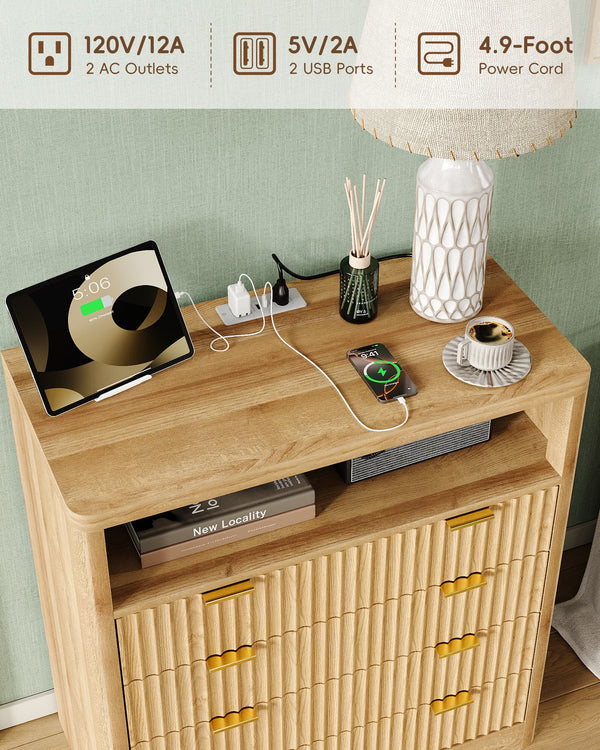 Vektaya US-NS009-NR Fluted Nightstand with LED & Charging Station, 4-Drawer Bedroom Storage, Oak Yanosaku Sotre