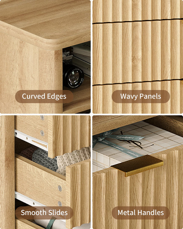 Vektaya US-NS009-NR Fluted Nightstand with LED & Charging Station, 4-Drawer Bedroom Storage, Oak Yanosaku Sotre