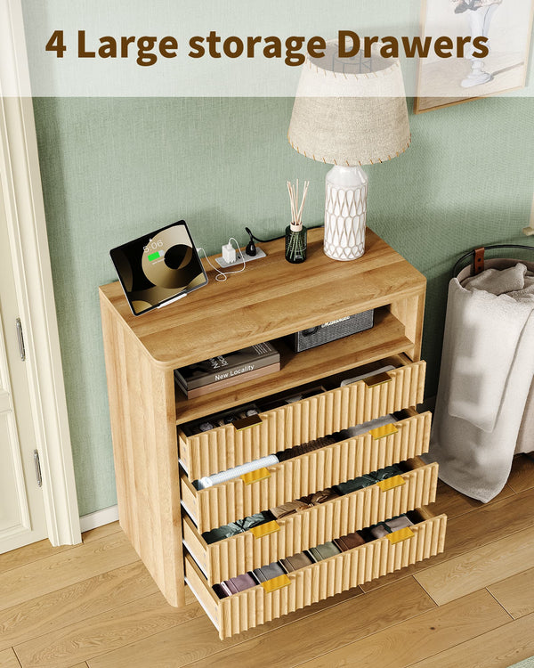 Vektaya US-NS009-NR Fluted Nightstand with LED & Charging Station, 4-Drawer Bedroom Storage, Oak Yanosaku Sotre