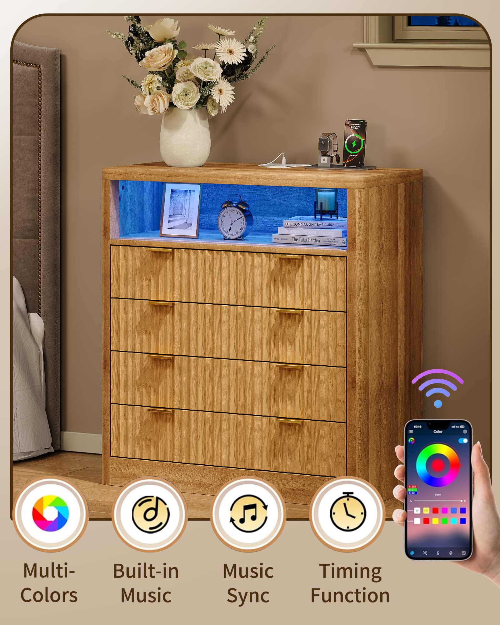 Vektaya US-NS009-NR Fluted Nightstand with LED & Charging Station, 4-Drawer Bedroom Storage, Oak Yanosaku Sotre