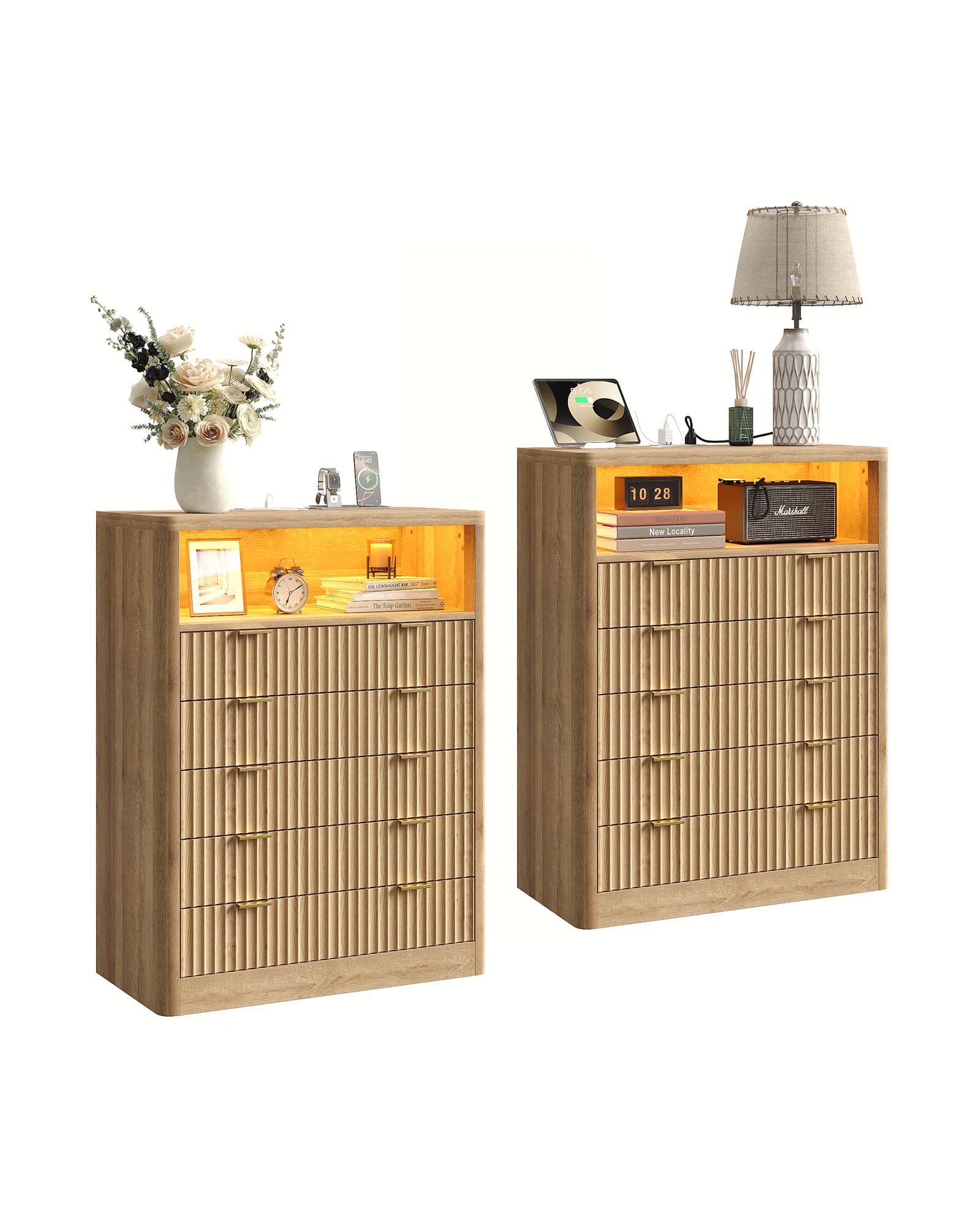 Vektaya US-NS010-NR Fluted Nightstand with LED & Charging Station, 5-Drawer Tall Organizer, Oak