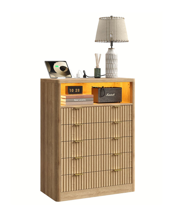 Vektaya US-NS010-NR Fluted Nightstand with LED & Charging Station, 5-Drawer Tall Organizer, Oak