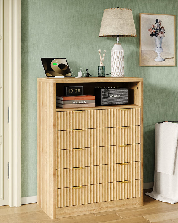 Vektaya US-NS010-NR Fluted Nightstand with LED & Charging Station, 5-Drawer Tall Organizer, Oak