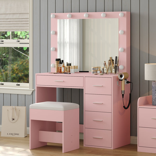 Vektaya US-VD001 Bedroom Makeup Vanity desk with LED Mirror, 5 Drawers