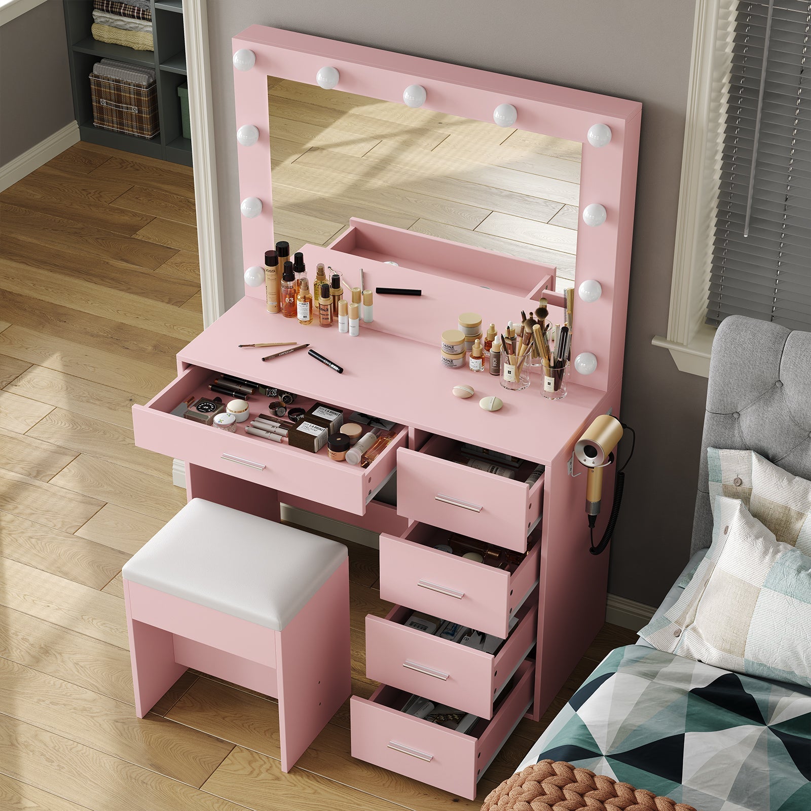 Vektaya US-VD001 Bedroom Makeup Vanity desk with LED Mirror, 5 Drawers Yanosaku Sotre