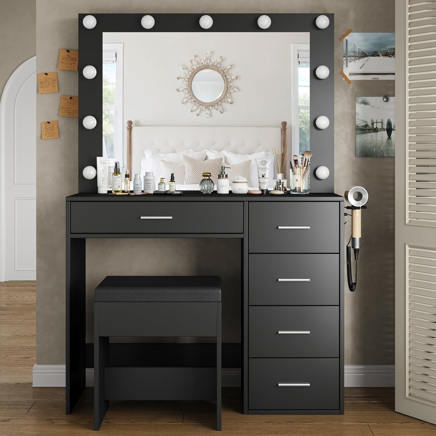 Vektaya US-VD001 Bedroom Makeup Vanity desk with LED Mirror, 5 Drawers Yanosaku Sotre
