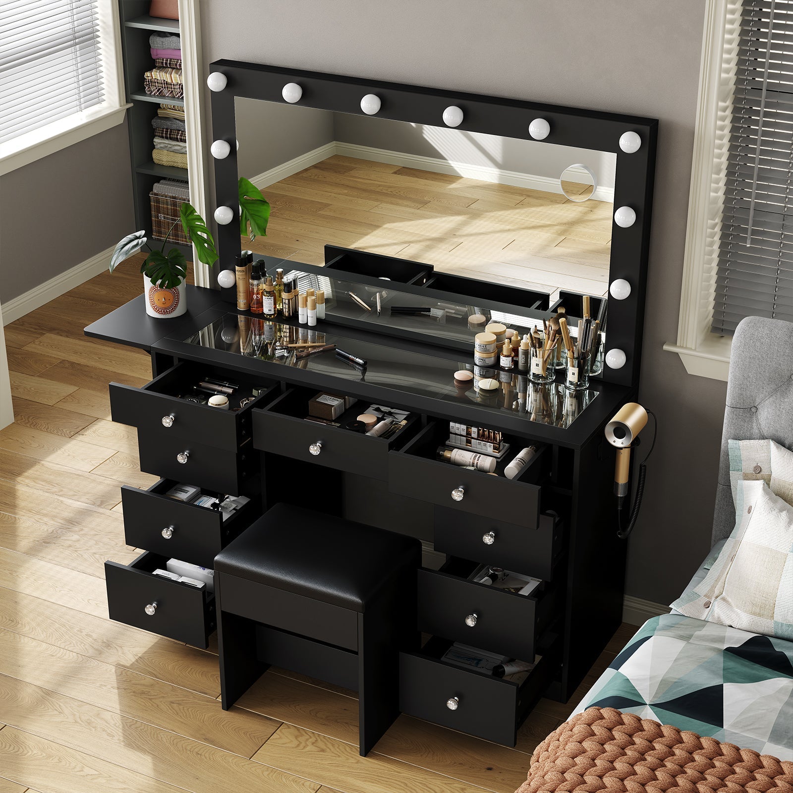 Vektaya US-VD007 Bedroom Makeup Vanity desk with LED Mirror, 9 Drawers
