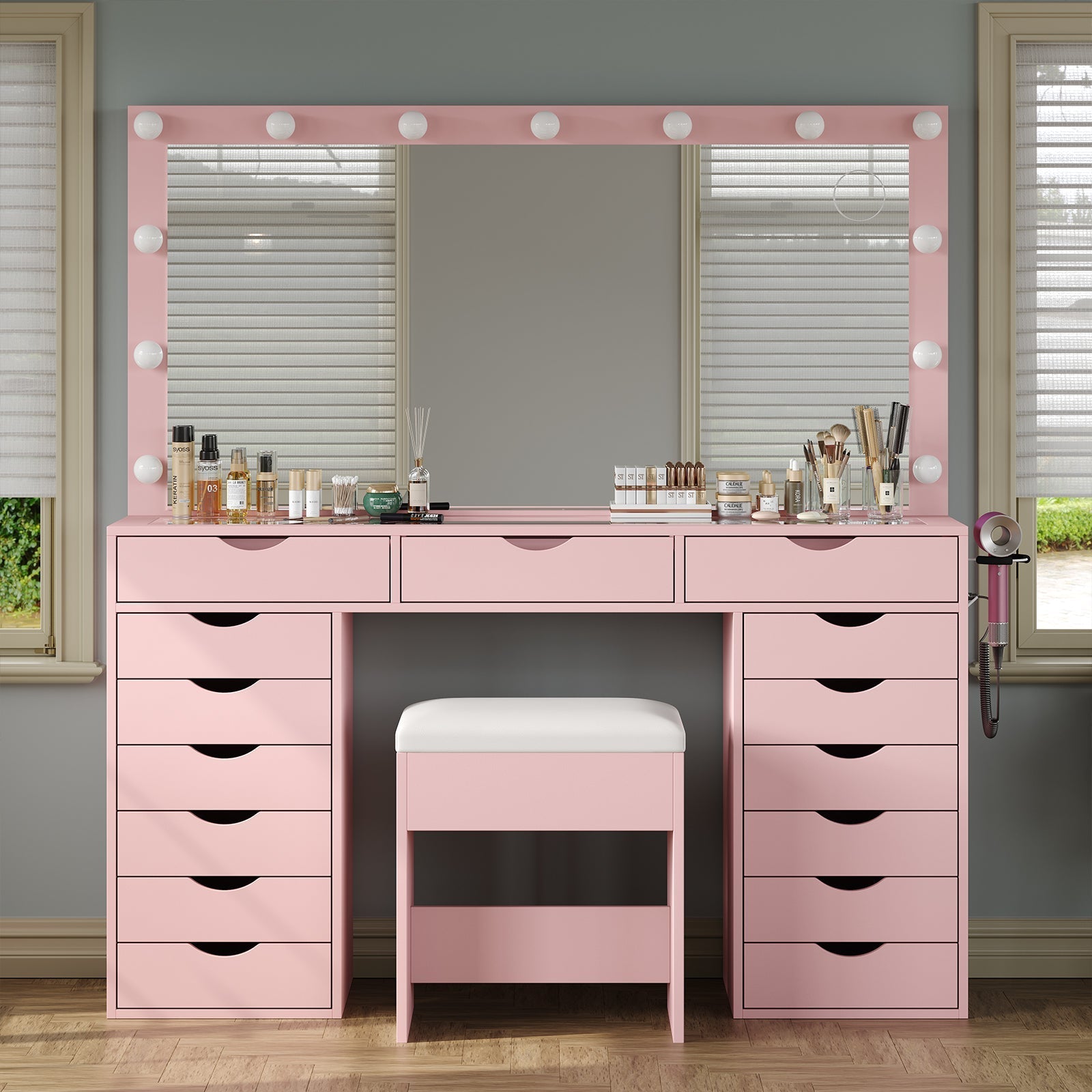 Vektaya US-VD008 Bedroom Makeup Vanity desk with LED Mirro, 15 Drawers