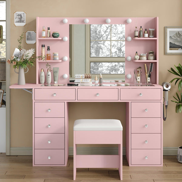 11-Drawer LED Mirror Vanity Desk - Vektaya