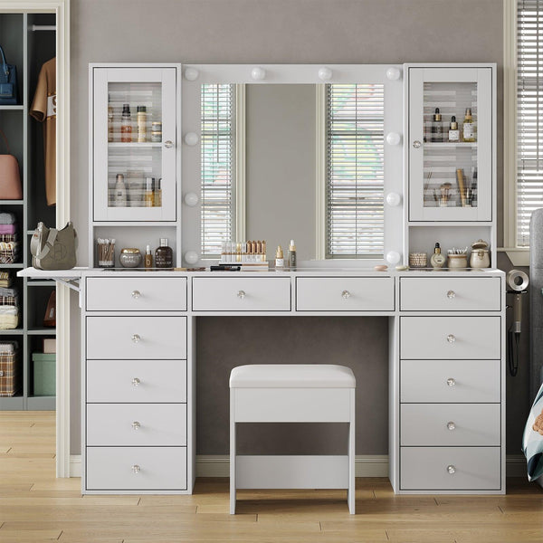 12-Drawer LED Mirror Vanity Desk - Vektaya
