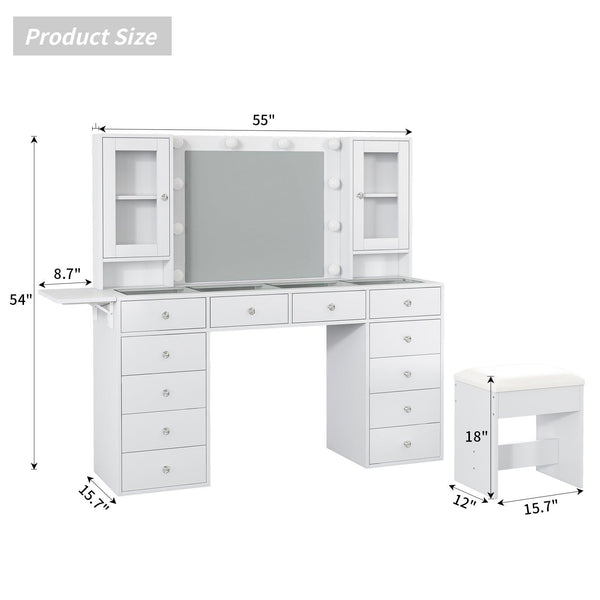 12-Drawer LED Mirror Vanity Desk - Vektaya
