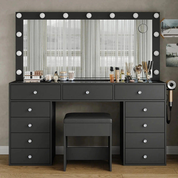 11-Drawer LED Mirror Vanity Desk - Vektaya
