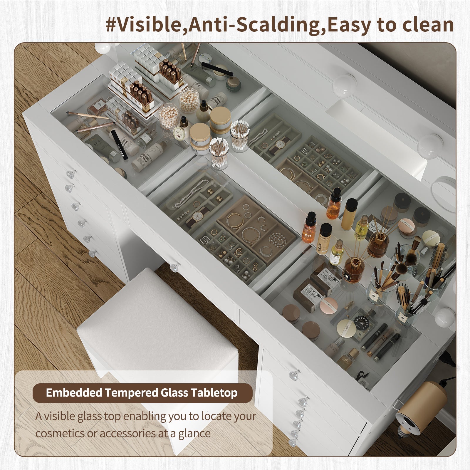 Vektaya US-VD016 Bedroom Makeup Vanity desk with LED Mirror, 13 Drawers Yanosaku Sotre