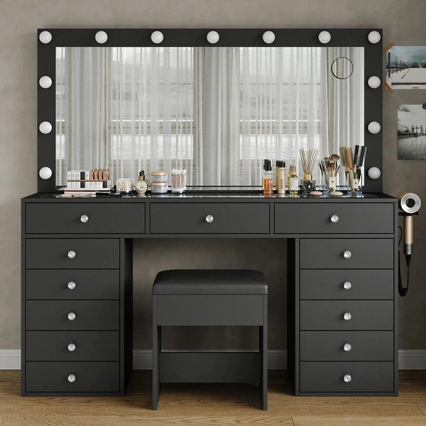 13-Drawer LED Mirror Vanity Desk - Vektaya