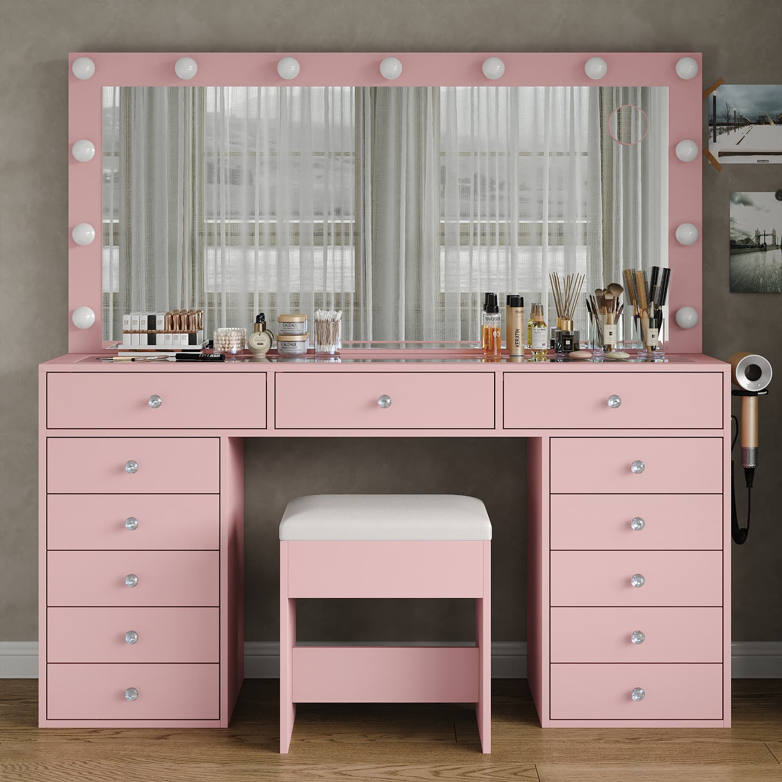 Vektaya US-VD016 Bedroom Makeup Vanity desk with LED Mirror, 13 Drawers Yanosaku Sotre