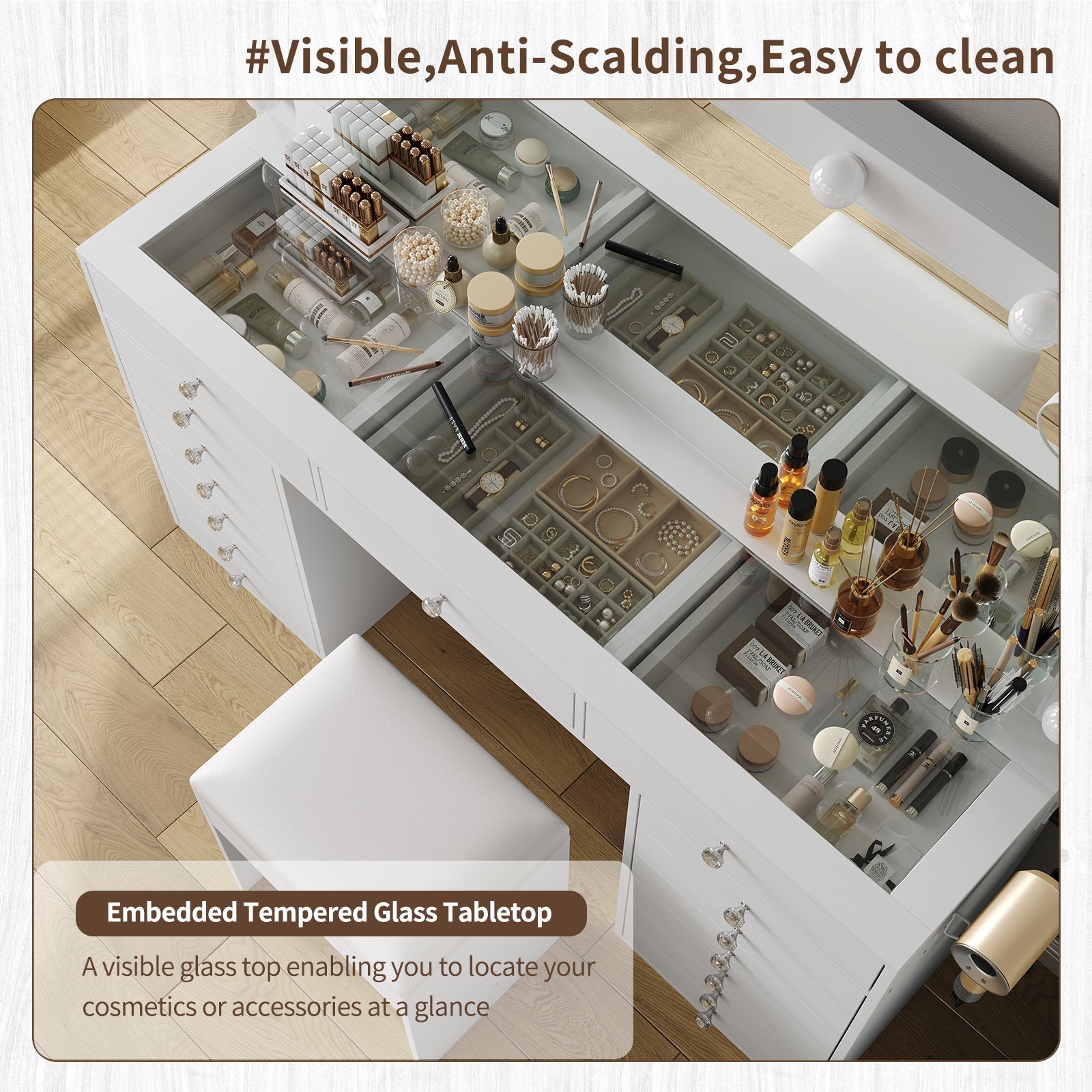 15-Drawer LED Mirror Vanity Desk - Vektaya