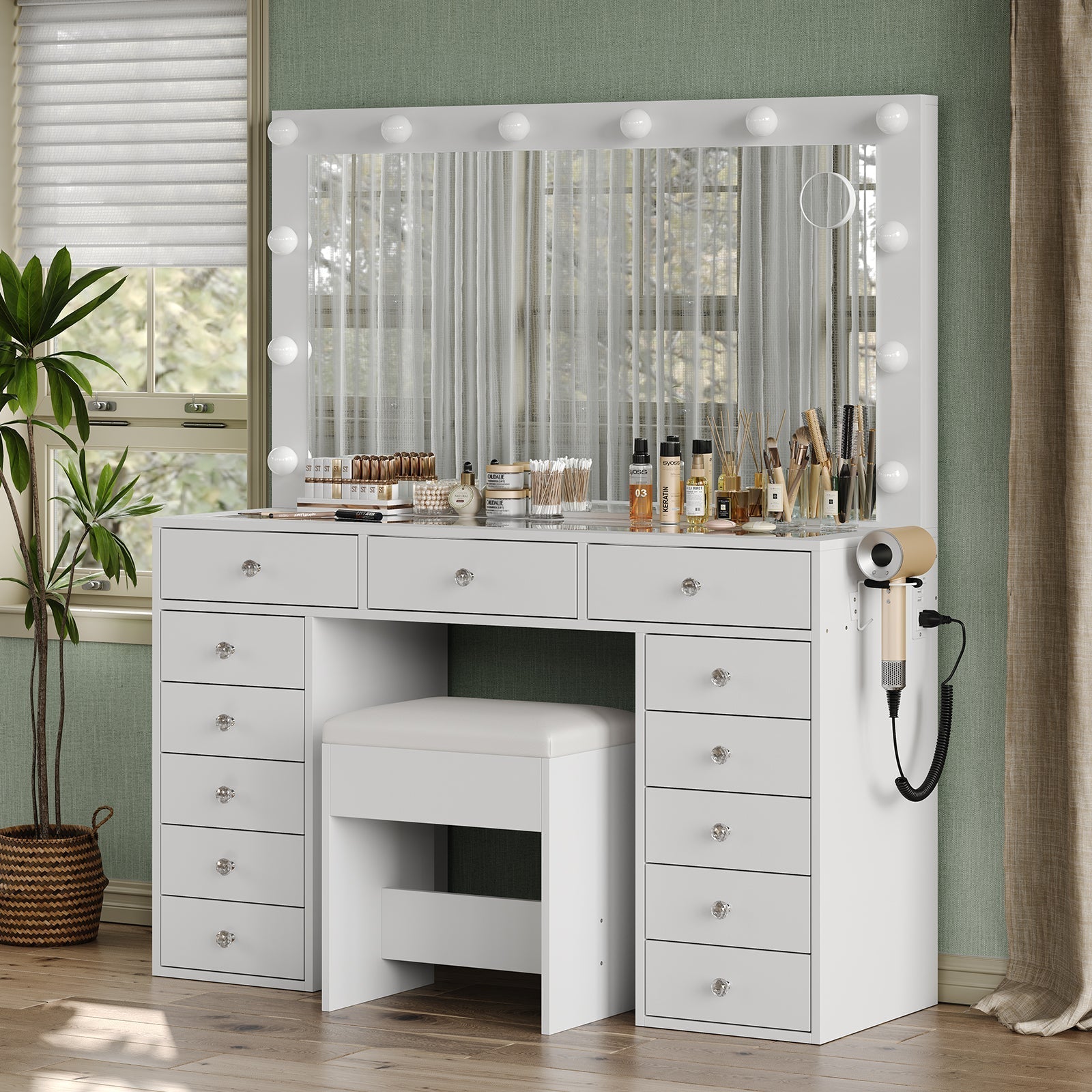 Vektaya US-VD018 Bedroom Makeup Vanity desk with LED Mirror, 13 Drawers