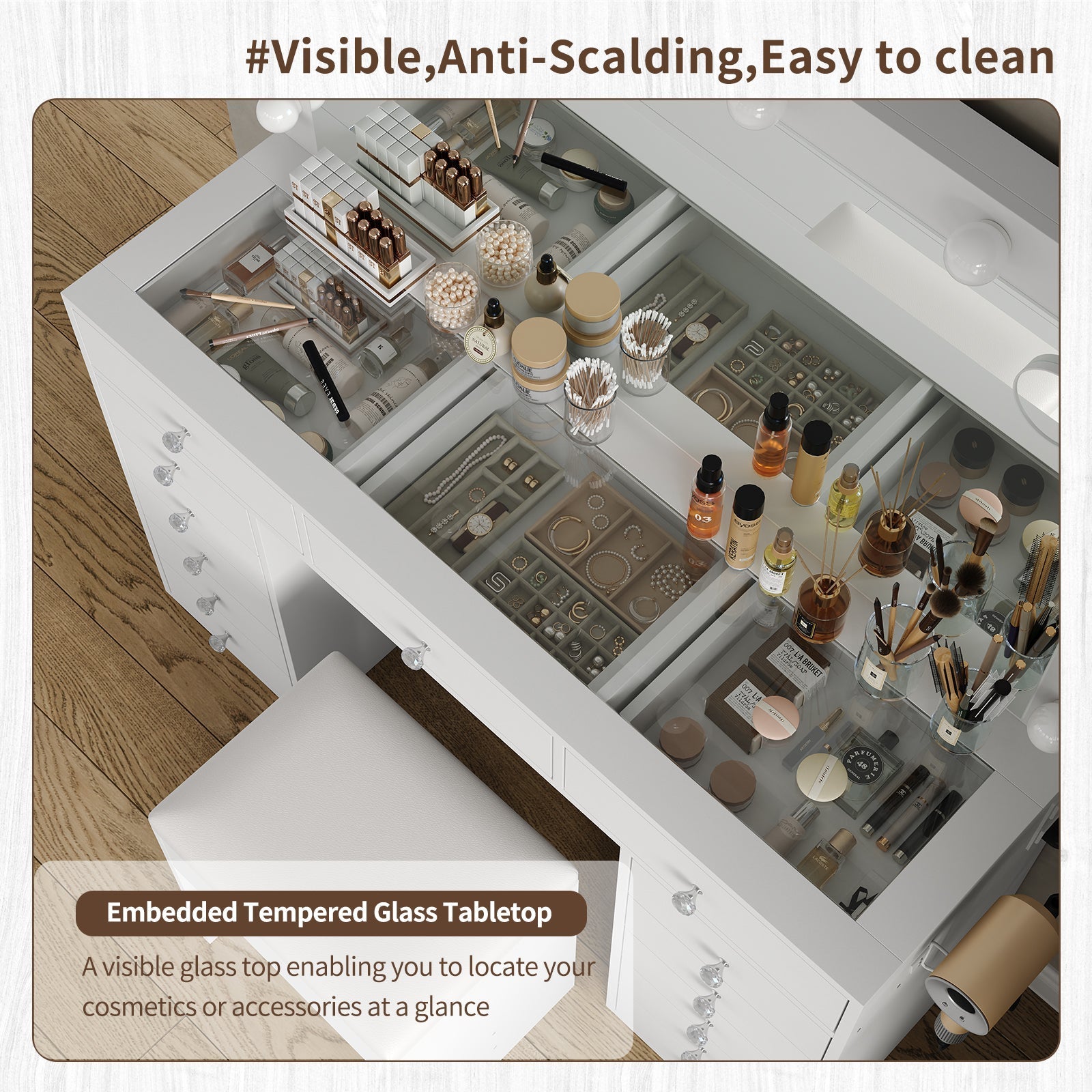 Vektaya US-VD018 Bedroom Makeup Vanity desk with LED Mirror, 13 Drawers