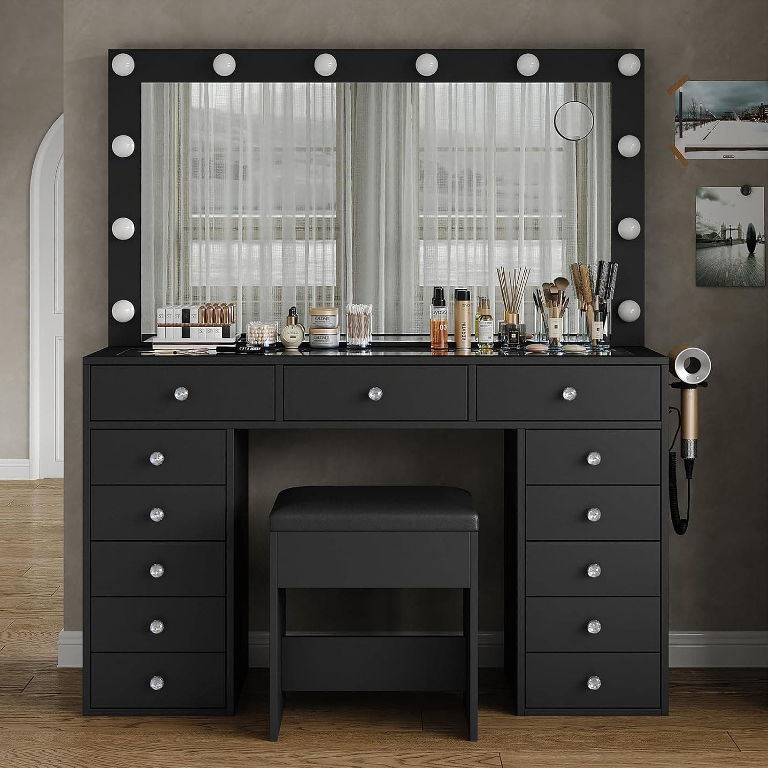 Vektaya US-VD018 Bedroom Makeup Vanity desk with LED Mirror, 13 Drawers