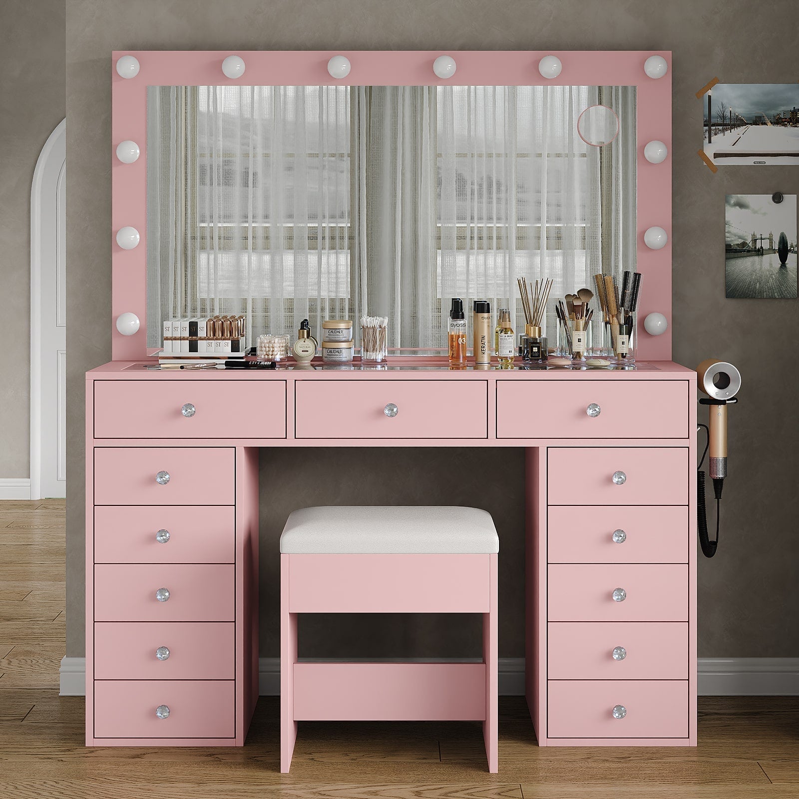 Vektaya US-VD018 Bedroom Makeup Vanity desk with LED Mirror, 13 Drawers