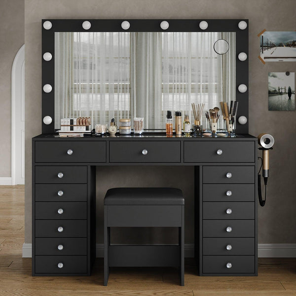 15-Drawer LED Mirror Vanity Desk - Vektaya