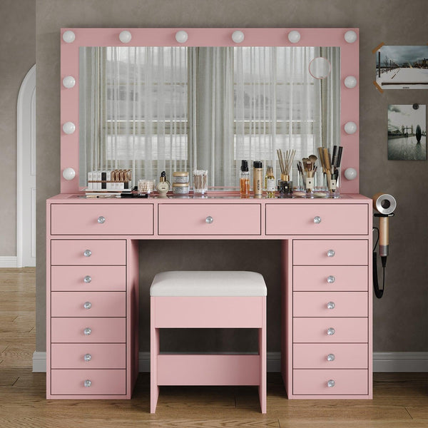 15-Drawer LED Mirror Vanity Desk - Vektaya