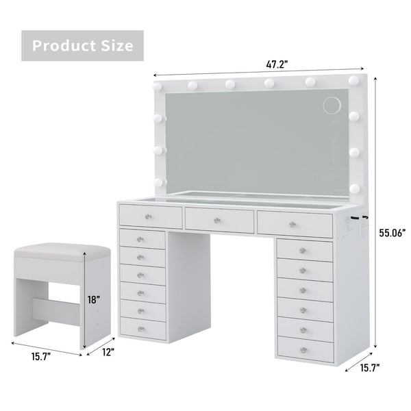 15-Drawer LED Mirror Vanity Desk - Vektaya