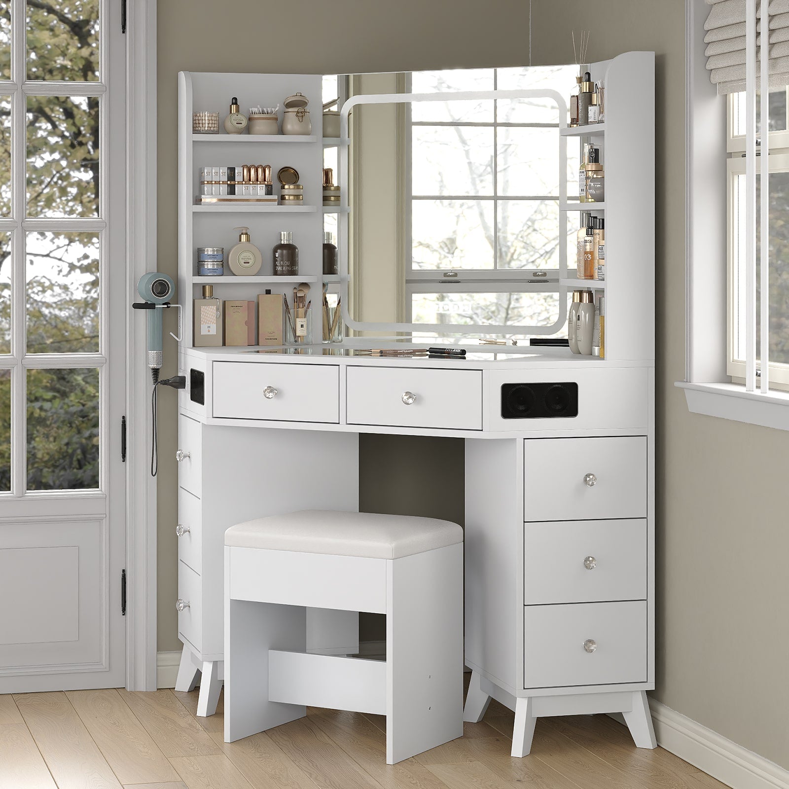 Yanosaku VD021 Corner Makeup Vanity, Mirror, Lights, Bluetooth, White Yanosaku Sotre