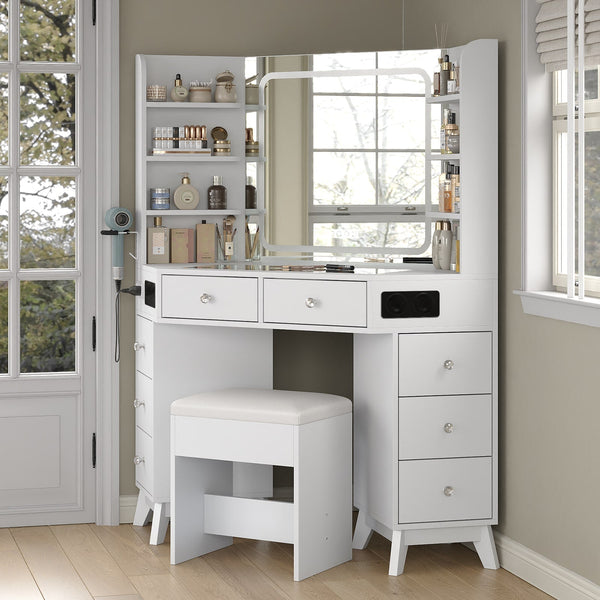 Yanosaku VD021 Corner Makeup Vanity, Mirror, Lights, Bluetooth, White Yanosaku Sotre