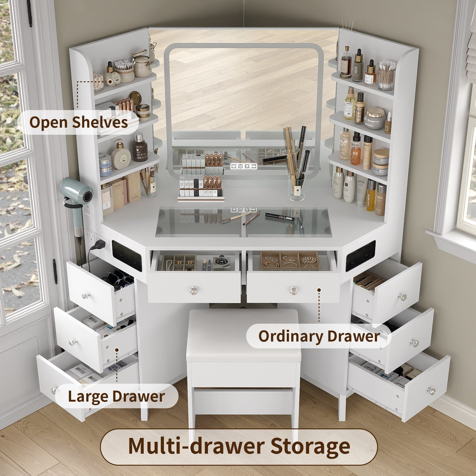 Yanosaku VD021 Corner Makeup Vanity, Mirror, Lights, Bluetooth, White Yanosaku Sotre