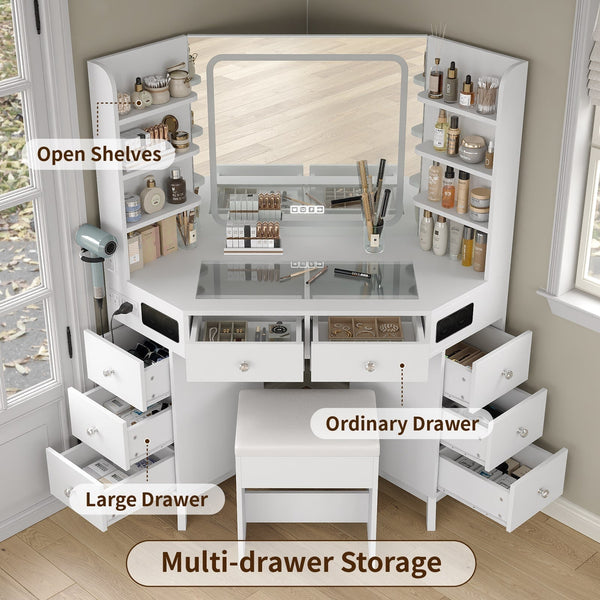 Yanosaku VD021 Corner Makeup Vanity, Mirror, Lights, Bluetooth, White Yanosaku Sotre