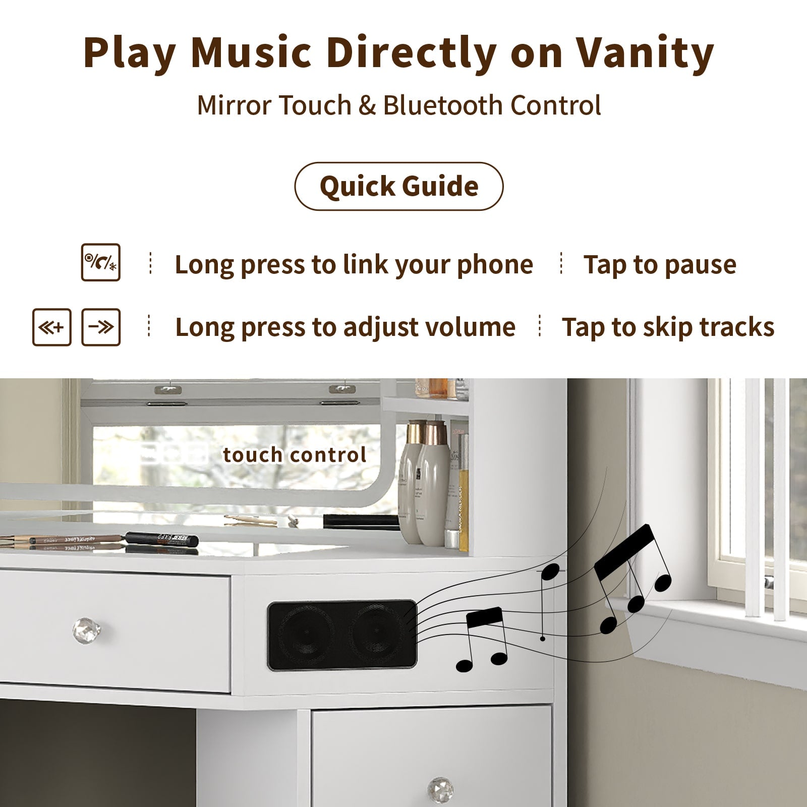 Yanosaku VD021 Corner Makeup Vanity, Mirror, Lights, Bluetooth, White Yanosaku Sotre