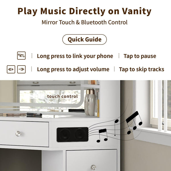 Yanosaku VD021 Corner Makeup Vanity, Mirror, Lights, Bluetooth, White