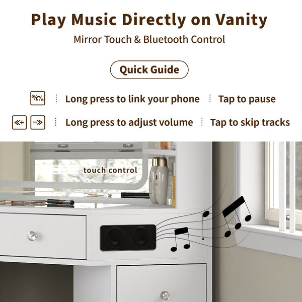 Yanosaku VD021 Corner Makeup Vanity, Mirror, Lights, Bluetooth, White Yanosaku Sotre