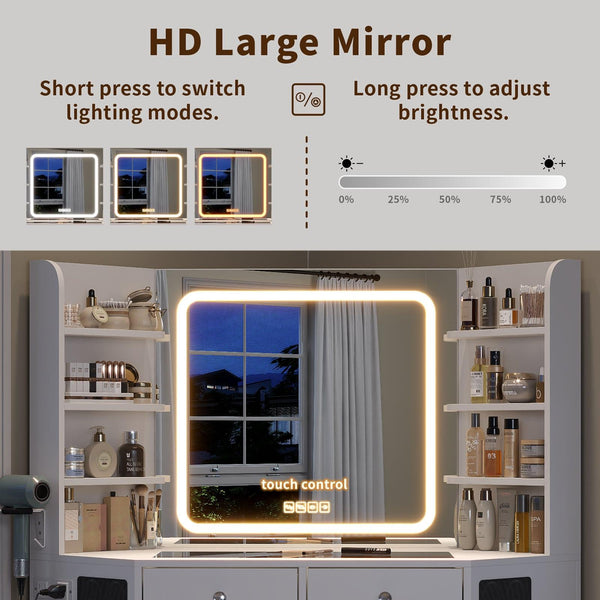 Yanosaku VD021 Corner Makeup Vanity, Mirror, Lights, Bluetooth, White