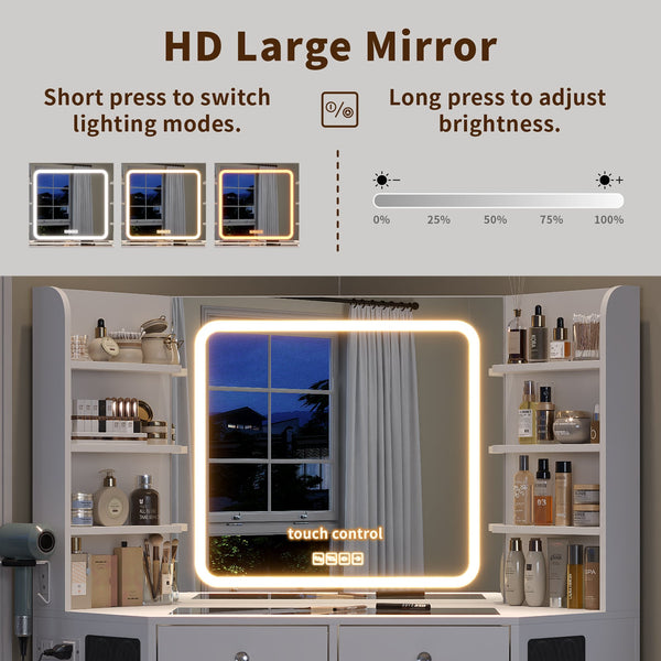 Yanosaku VD021 Corner Makeup Vanity, Mirror, Lights, Bluetooth, White Yanosaku Sotre