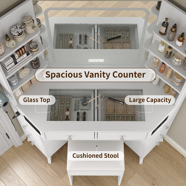 Yanosaku VD021 Corner Makeup Vanity, Mirror, Lights, Bluetooth, White