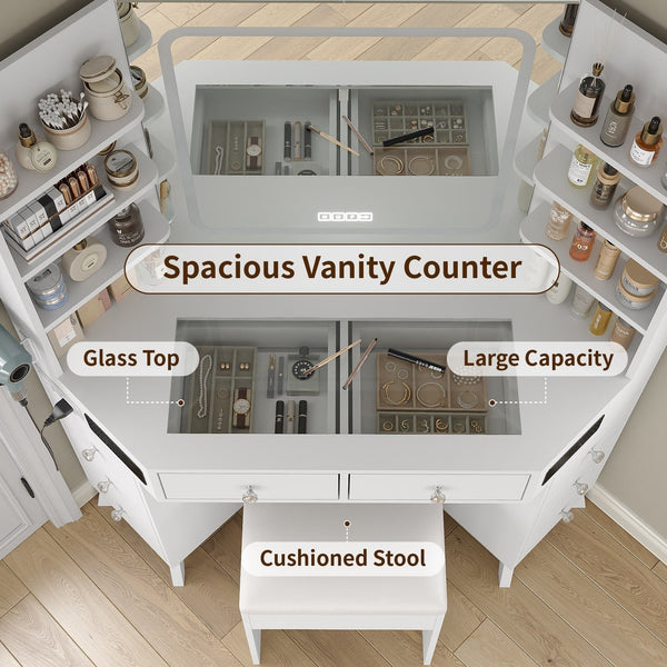 Yanosaku VD021 Corner Makeup Vanity, Mirror, Lights, Bluetooth, White Yanosaku Sotre