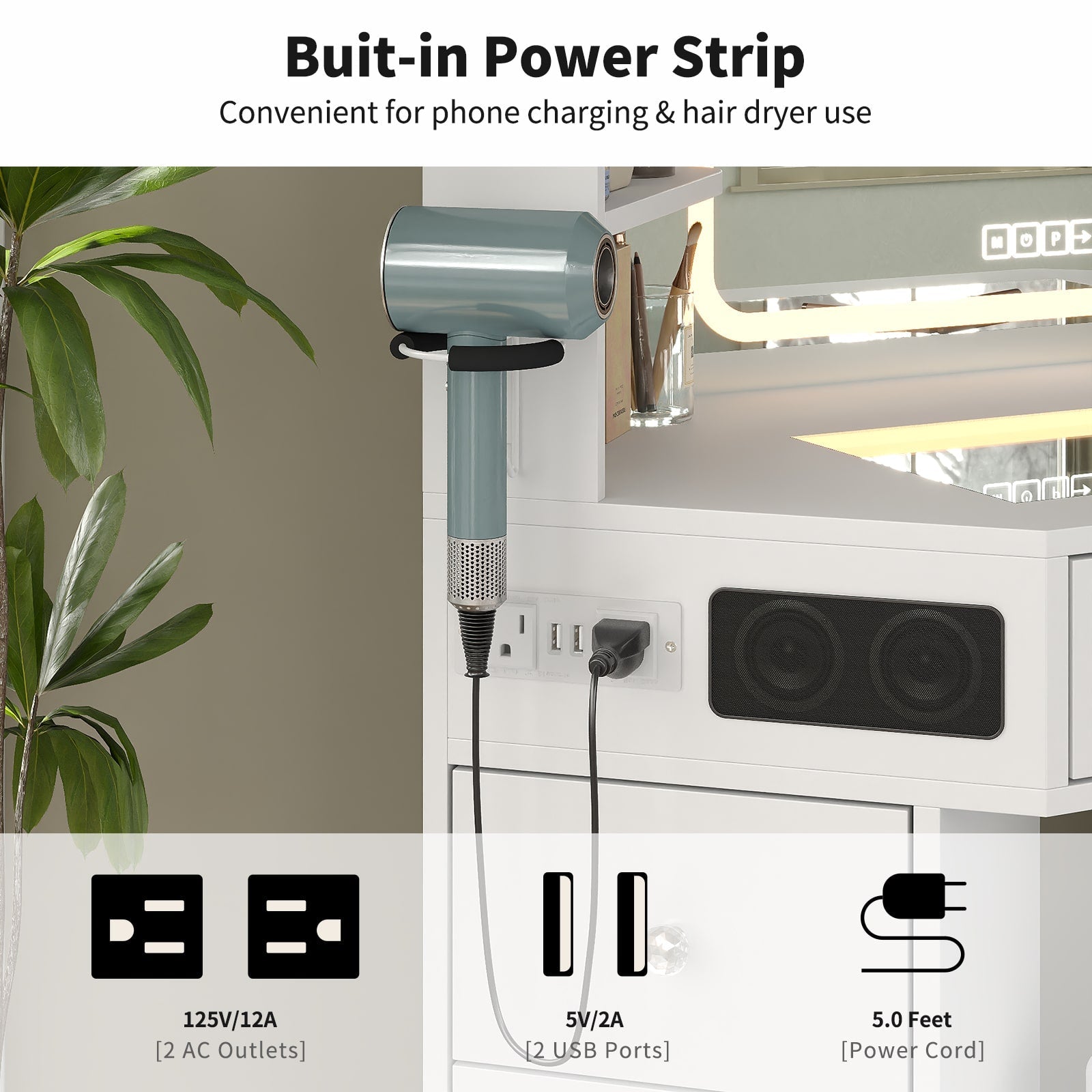 Yanosaku VD021 Corner Makeup Vanity, Mirror, Lights, Bluetooth, White Yanosaku Sotre