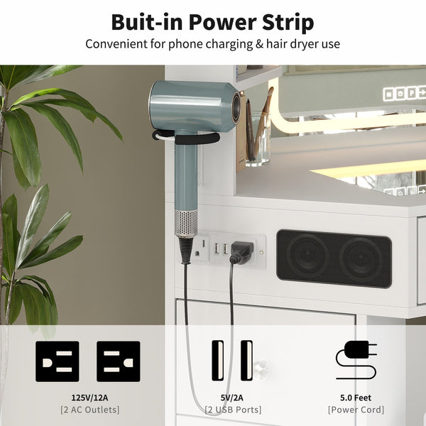 Yanosaku VD021 Corner Makeup Vanity, Mirror, Lights, Bluetooth, White Yanosaku Sotre