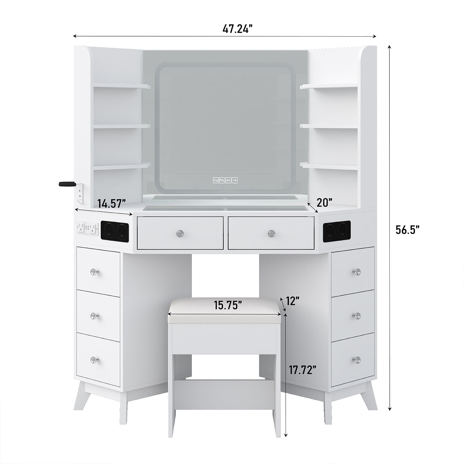 Yanosaku VD021 Corner Makeup Vanity, Mirror, Lights, Bluetooth, White Yanosaku Sotre