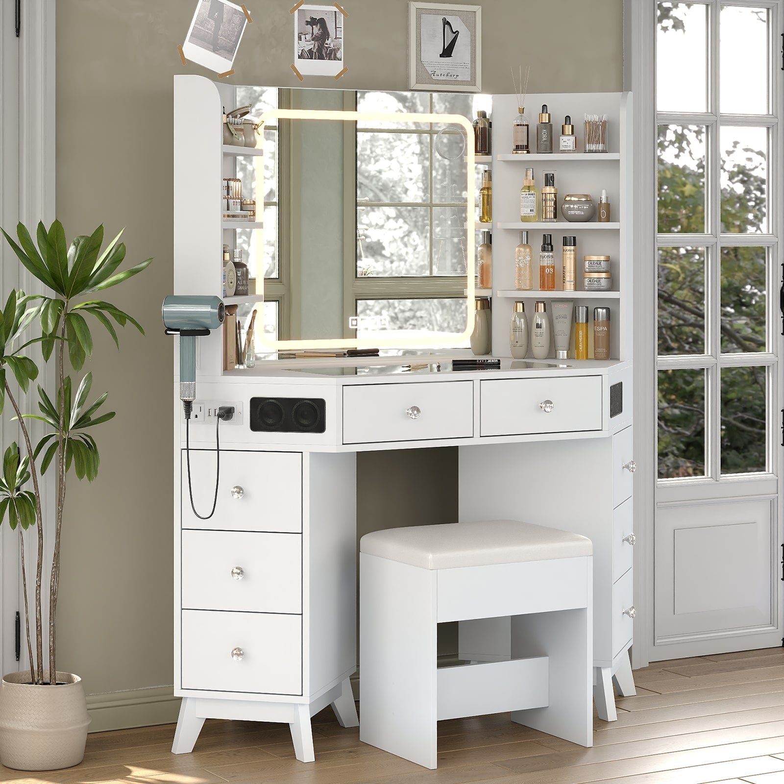 Yanosaku VD021 Corner Makeup Vanity, Mirror, Lights, Bluetooth, White Yanosaku Sotre