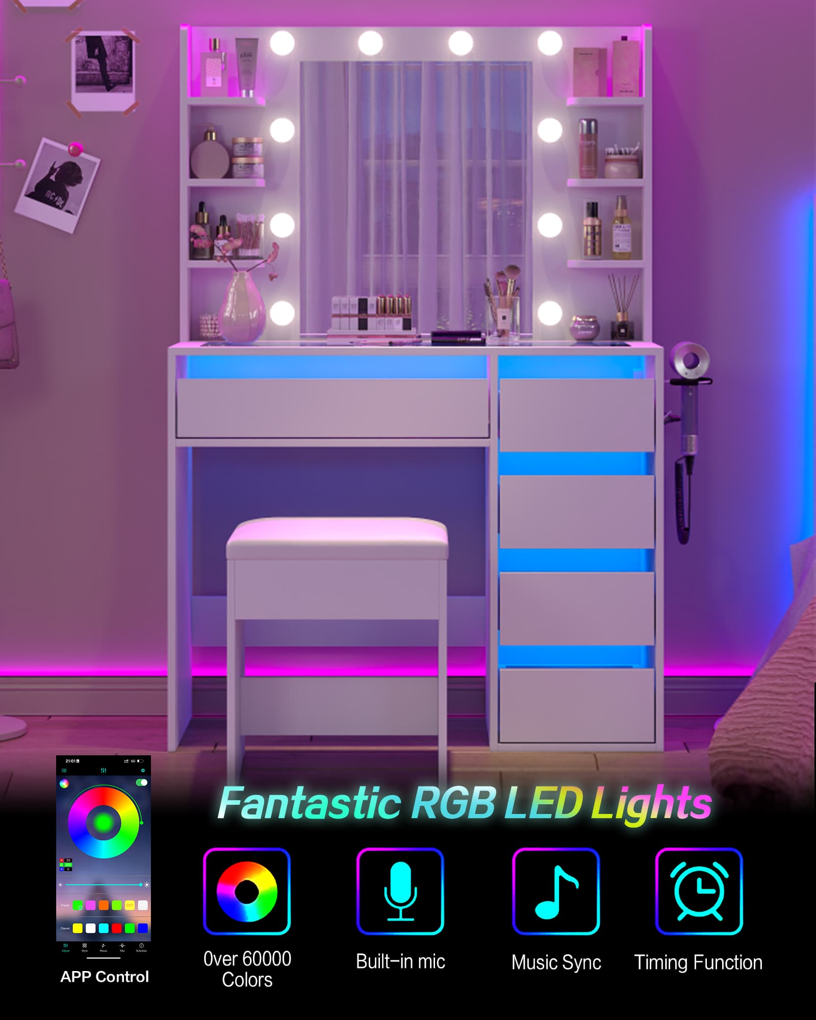 YanosakuVD025 Vanity Table with Mirror, 3 Lighting Modes, 5 Drawers & Glass Top