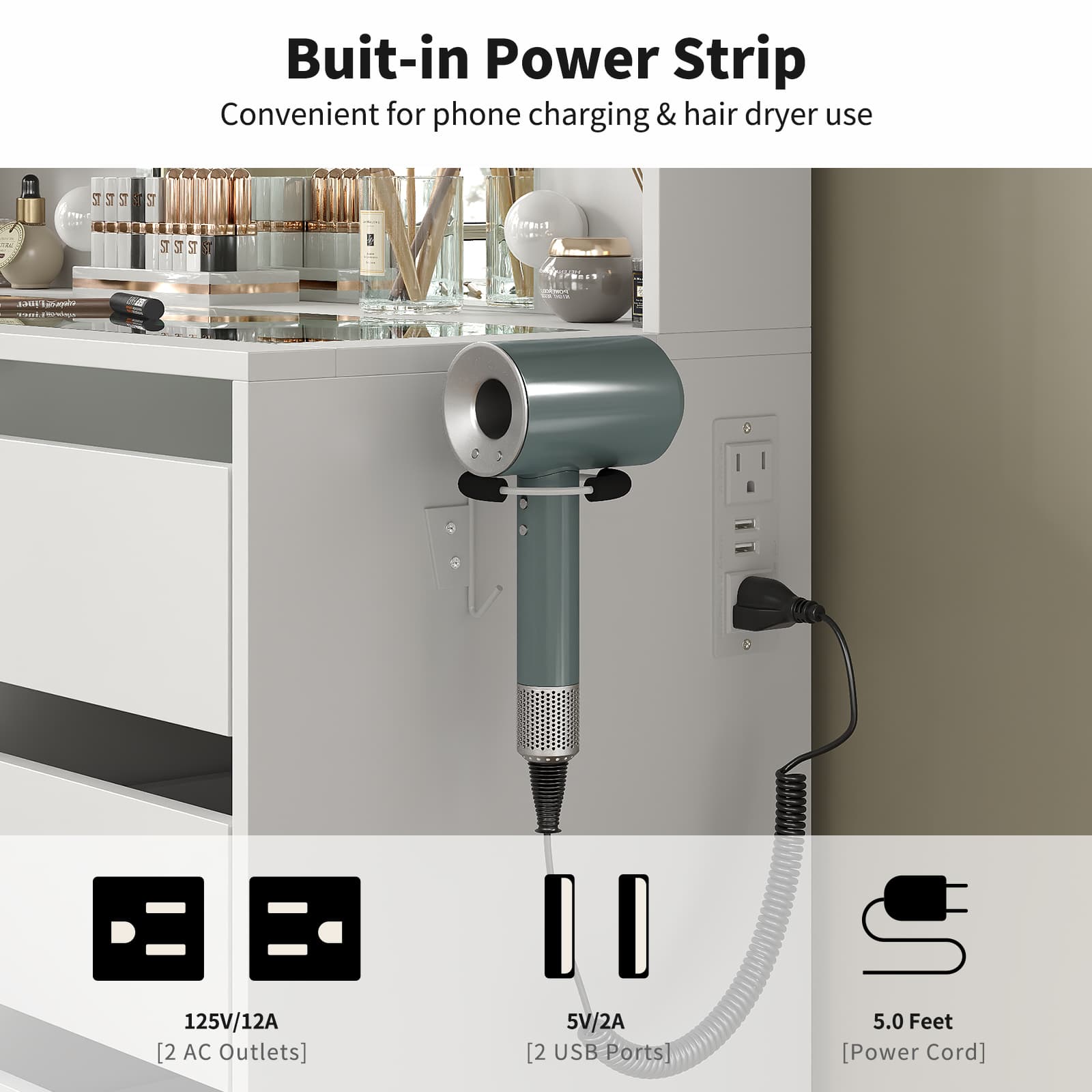 YanosakuVD025 Vanity Table with Mirror, 3 Lighting Modes, 5 Drawers & Glass Top