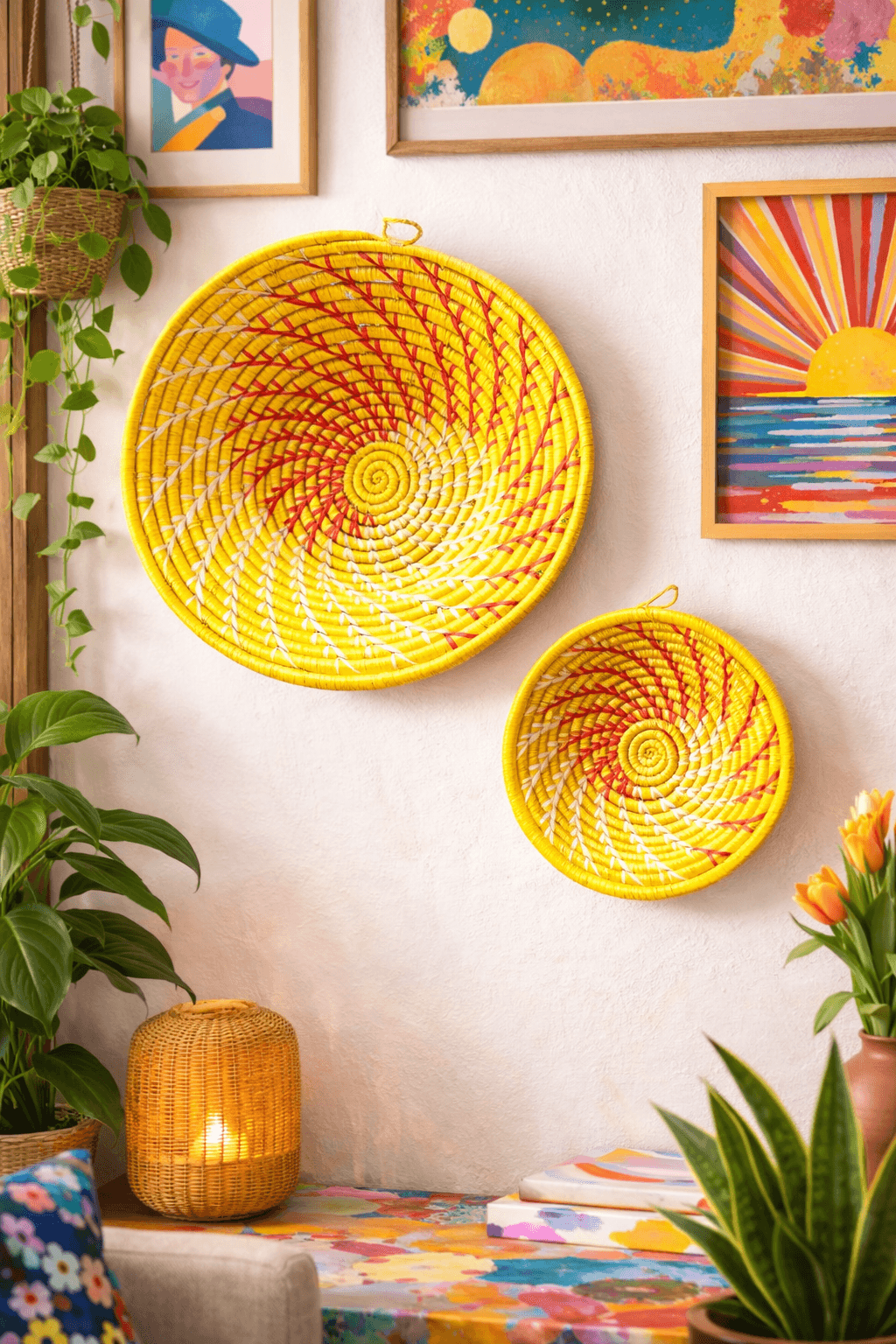 Yellow Woven African Wall Baskets Set of 2